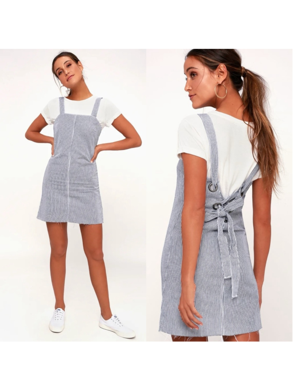 RVCA Tide Shift Blue and White Striped Lace-Up Denim Pinafore Dress sz S